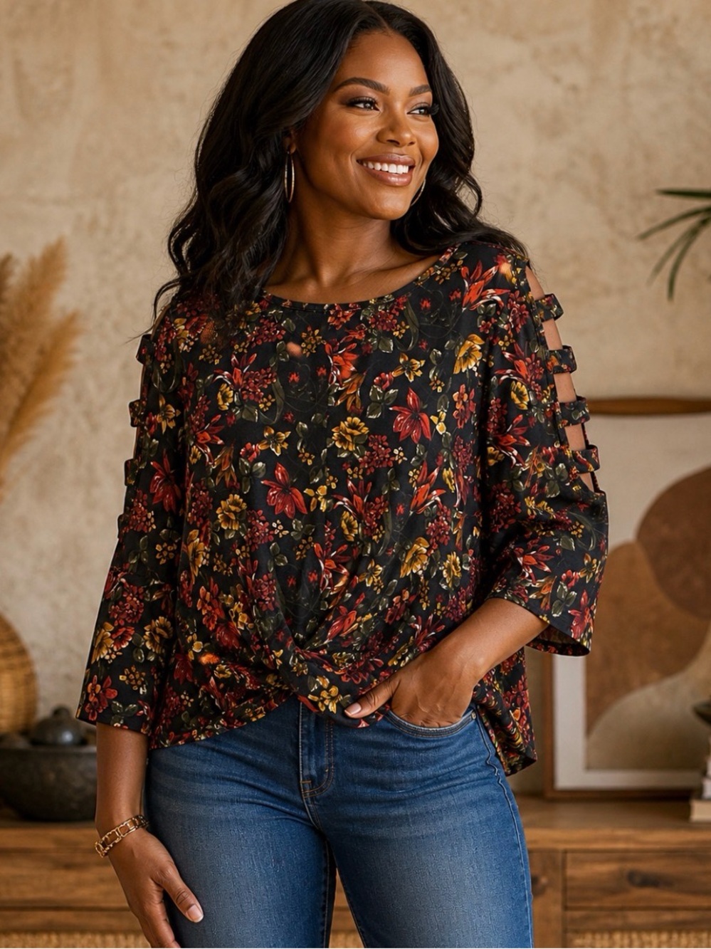 By & By Floral Cutout Sleeve Twist Front Top Size Medium NWOT